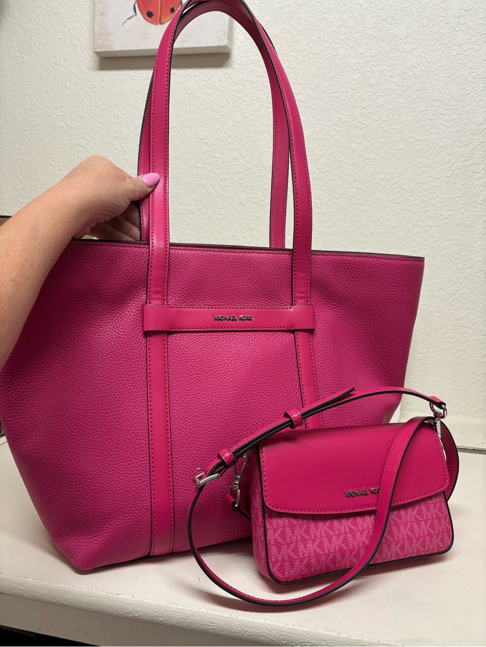 Michael Kors Hot Pink Leather Tote and Crossbody Set